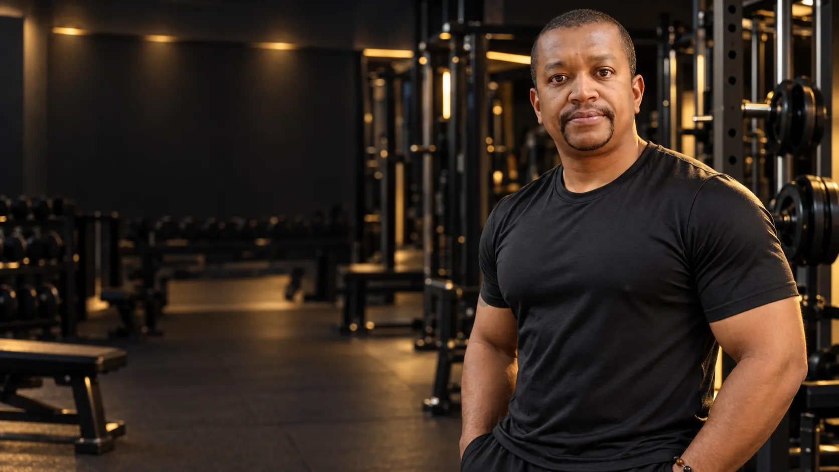 Giovani Treinador em academia com iluminação preta e dourada
