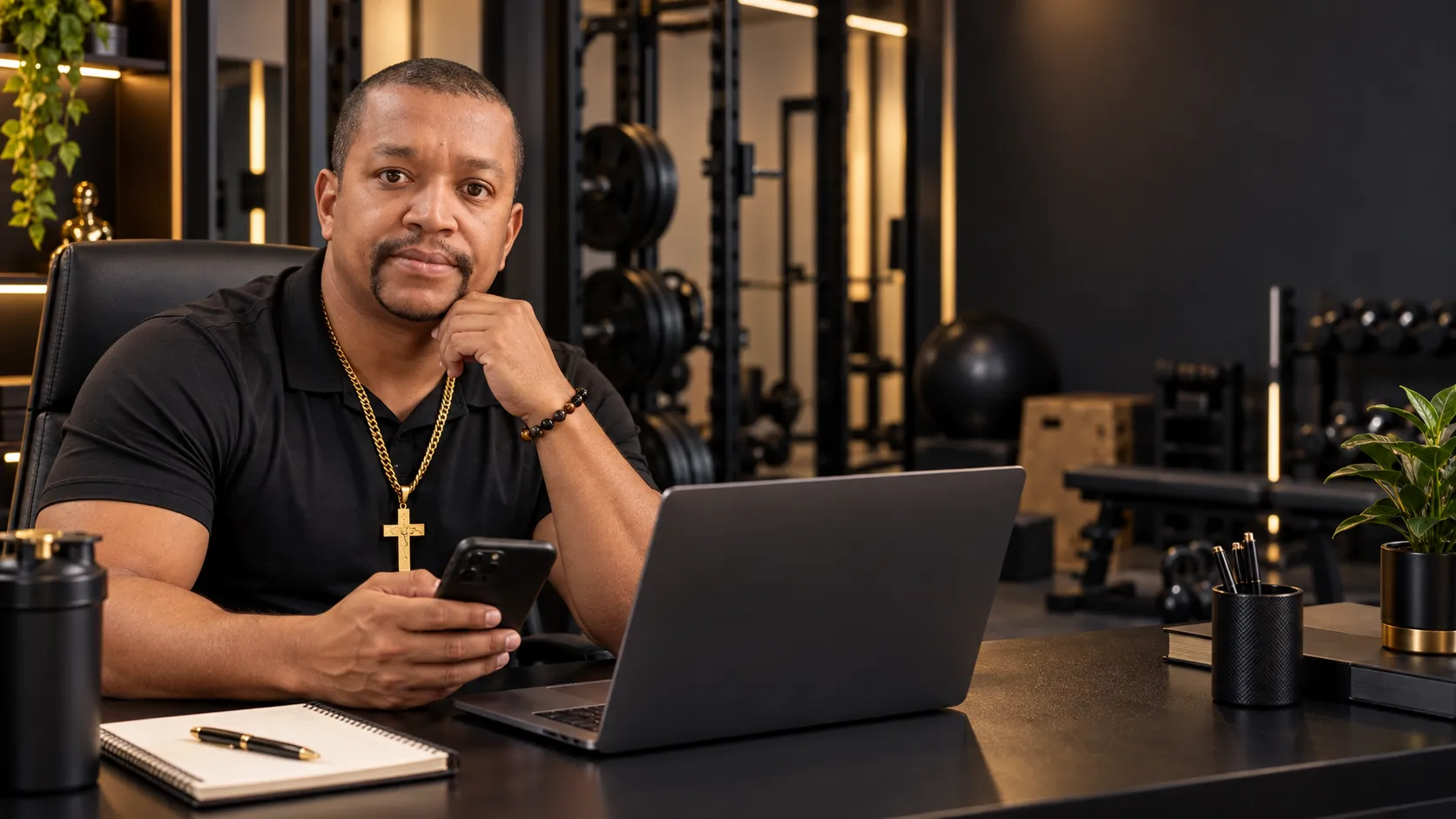 Giovani analisando um plano de treino online em notebook e celular